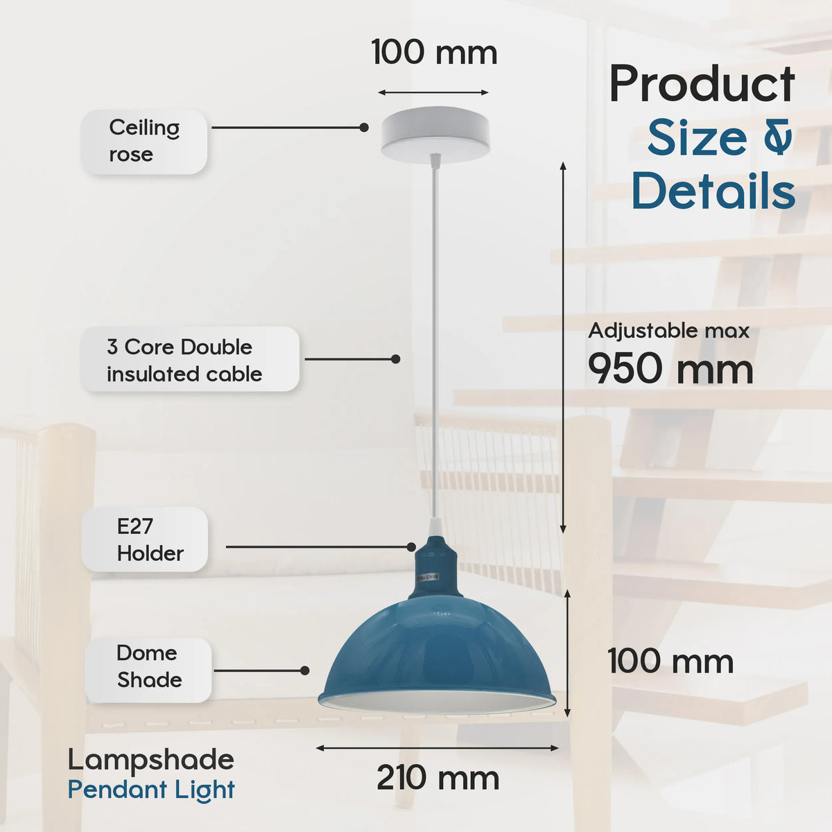 2Pack E27 Dome Cyan Blue Metal Pendant Light 21cm ~4298-1