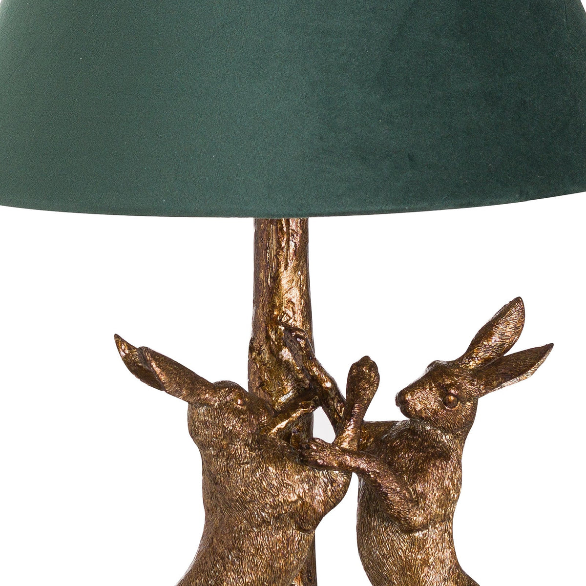Antique Gold Marching Hares Lamp With Green Velvet Shade-2