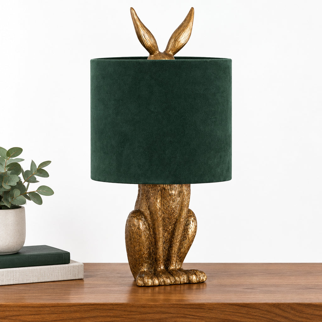 Antique Gold Hare Table Lamp With Green Velvet Shade-0