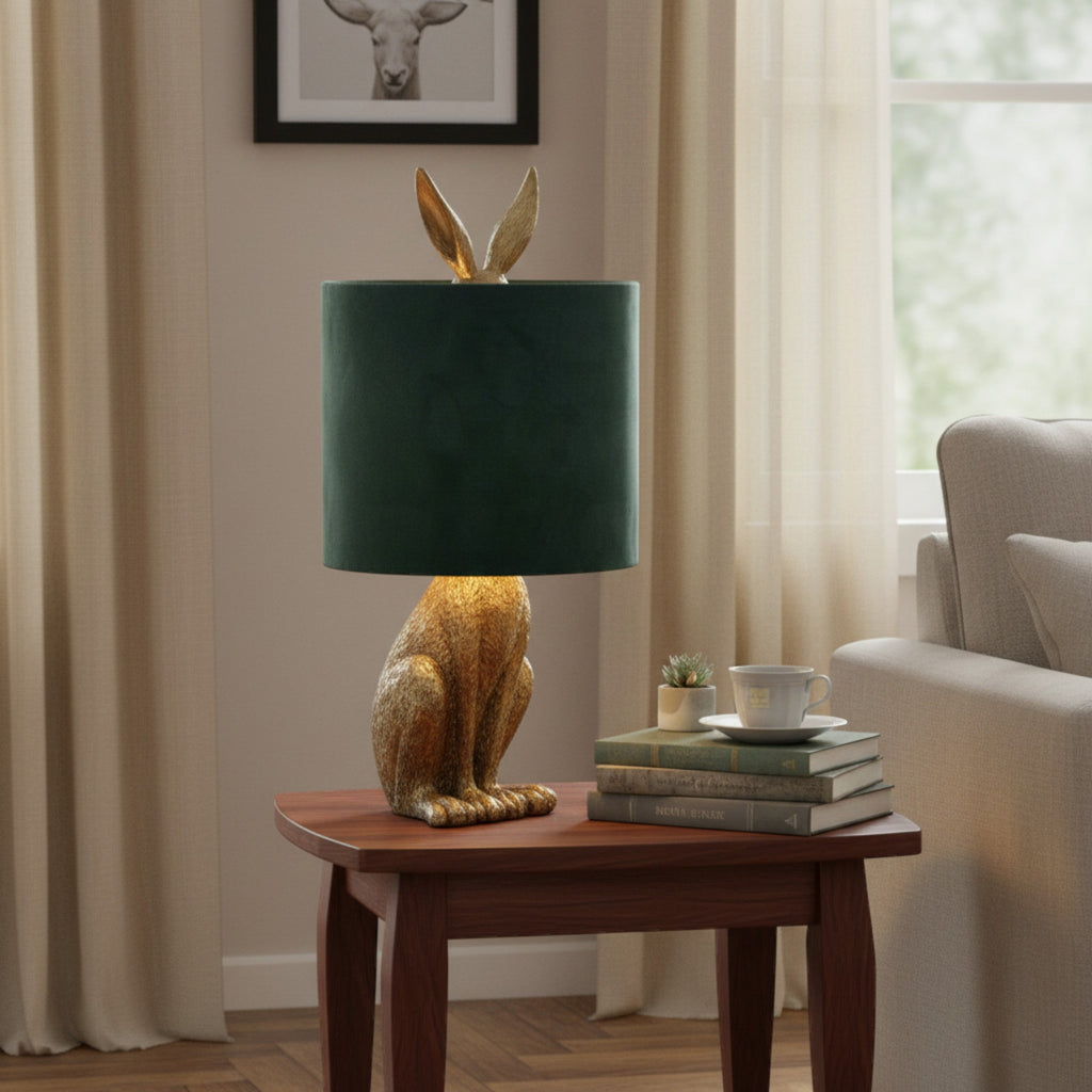 Antique Gold Hare Table Lamp With Green Velvet Shade-1