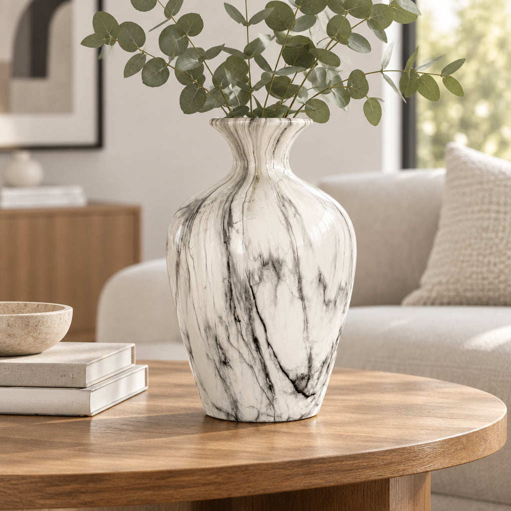 Marble Effect Ellipse Large Vase - White Glass Decorative Vase-4
