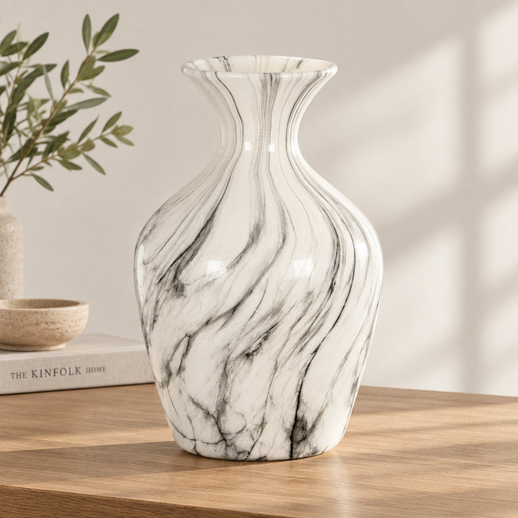 Marble Effect Ellipse Large Vase - White Glass Decorative Vase-0