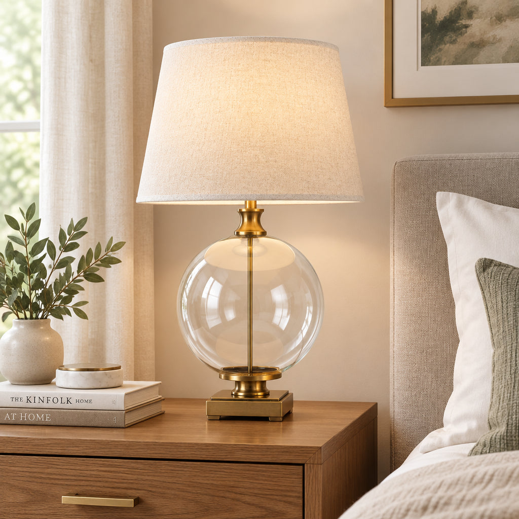 Lunel Glass Orb Table Lamp With Edged Linen Shade-0