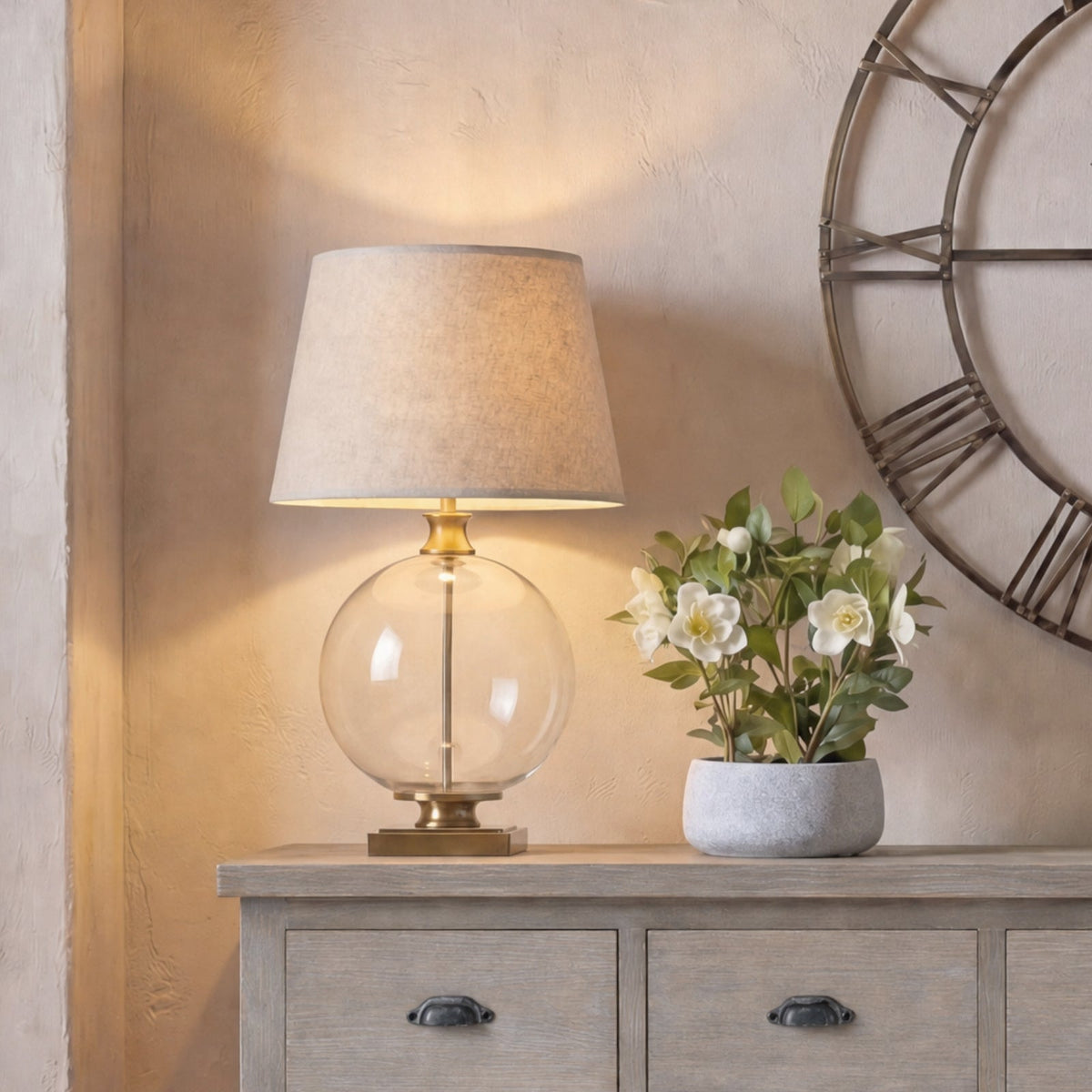 Lunel Glass Orb Table Lamp With Edged Linen Shade-1