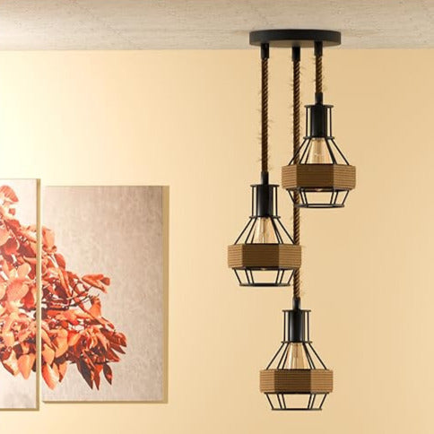 Industrial Hemp Rope Pendant Light - Black Cage  E27 Lamp ~ 6203-8