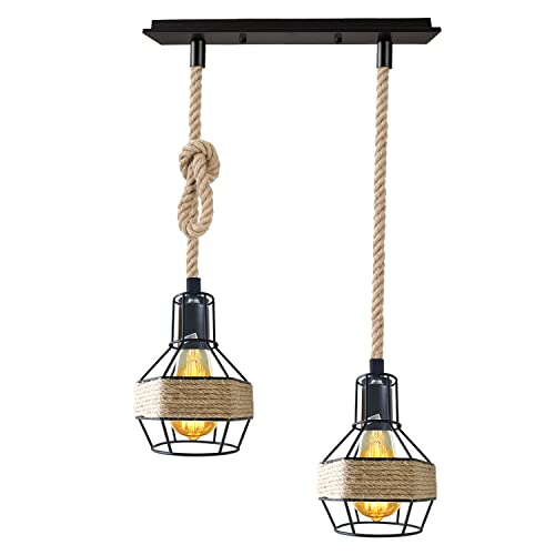 Industrial Hemp Rope Pendant Light - Black Cage  E27 Lamp ~ 6203-3