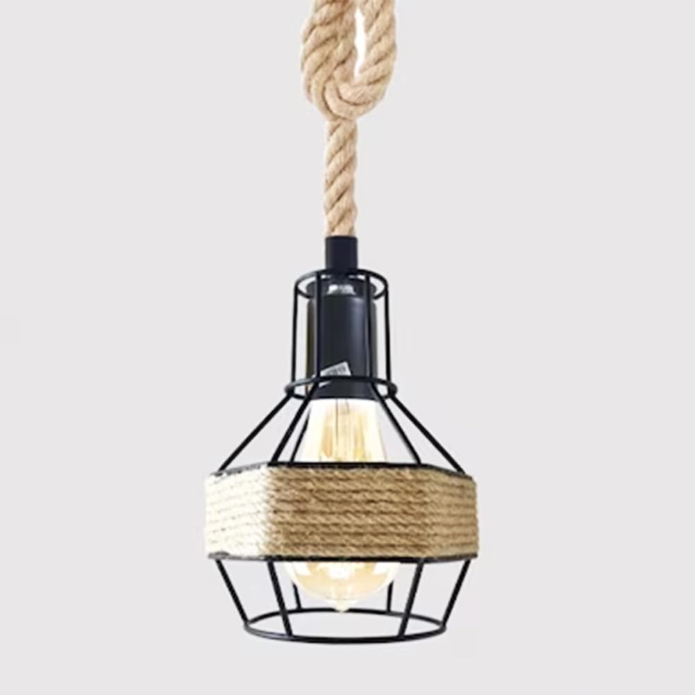 Industrial Hemp Rope Pendant Light - Black Cage  E27 Lamp ~ 6203-12