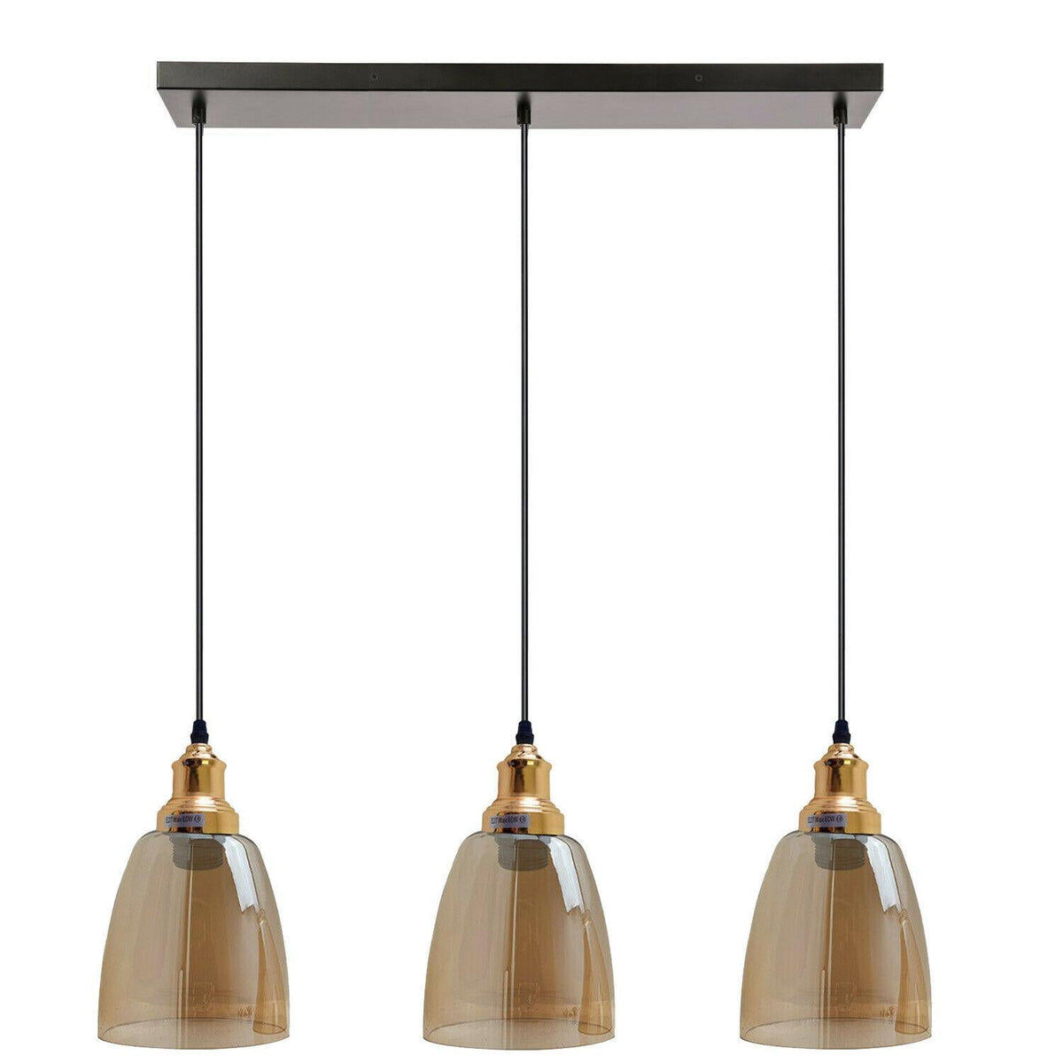 Industrial 3-Light Glass Pendant Triple E27 Amber Bell Cone Fitting home lighting-6