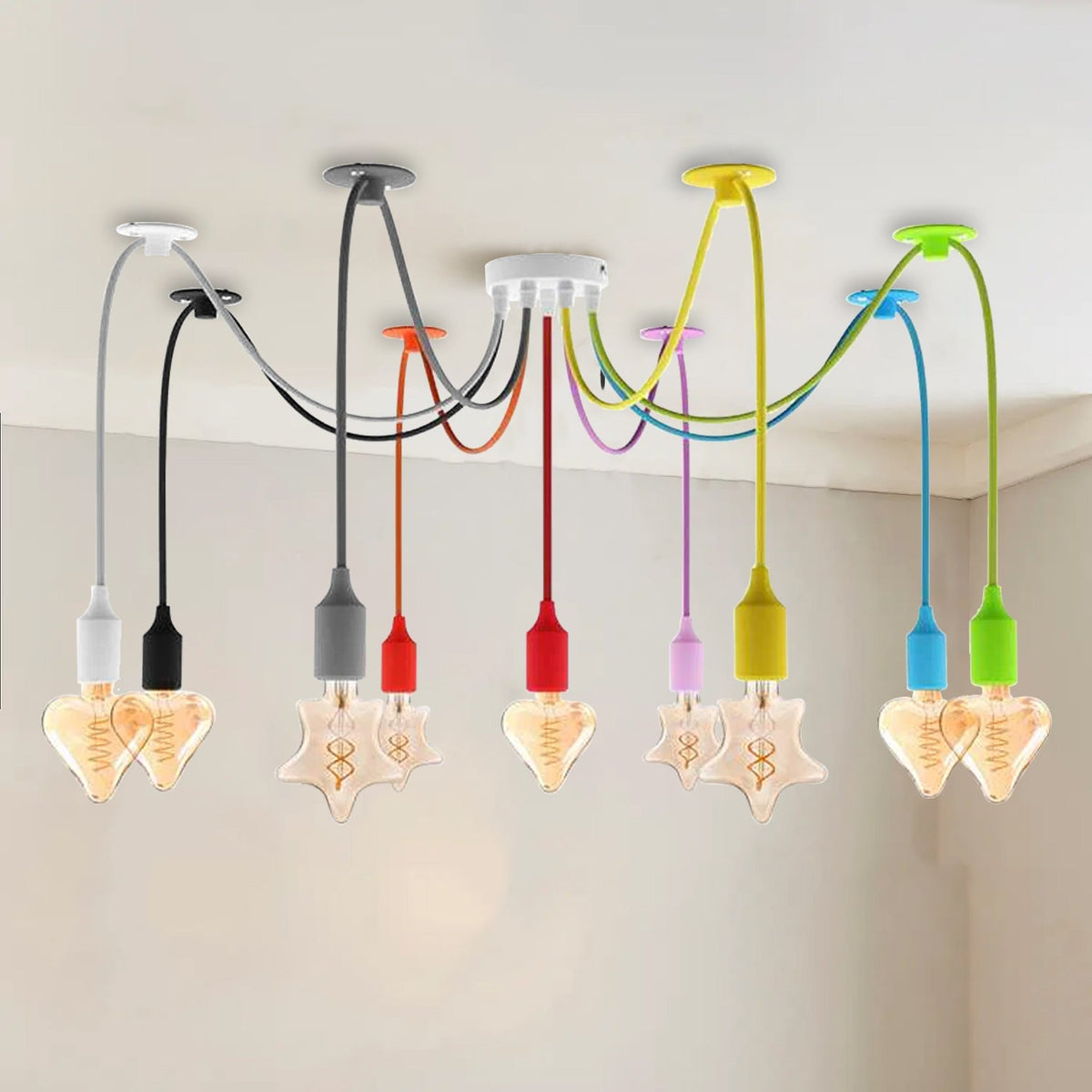 9-Head Spider Pendant Light – Multi-Colour Swag Hook Plug-In Lighting ~4667-1