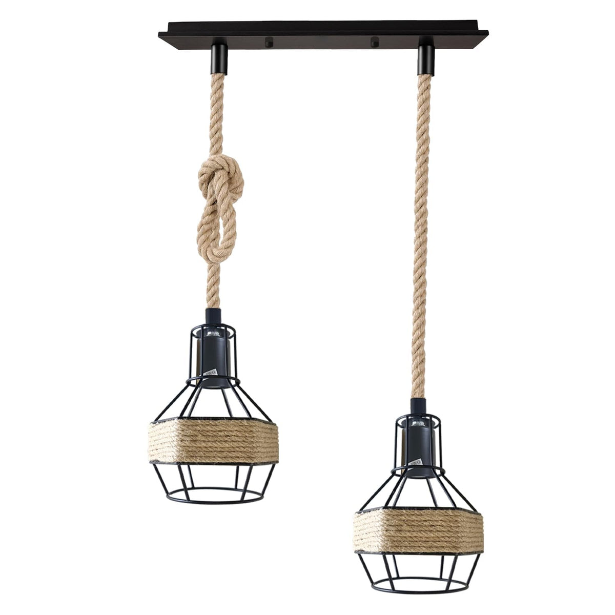Industrial Hemp Rope Pendant Light - Black Cage  E27 Lamp ~ 6203-6