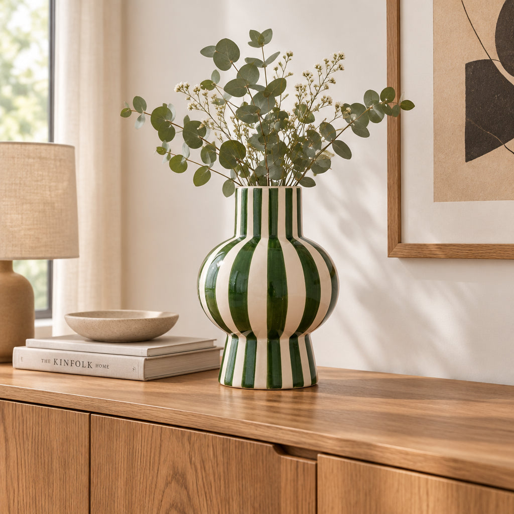 Green And White Ceramic Round Vase-0