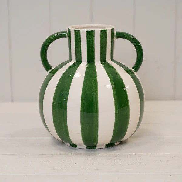 Green And White Striped Statement Vase.-1
