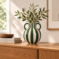 Green And White Striped Statement Vase.-0
