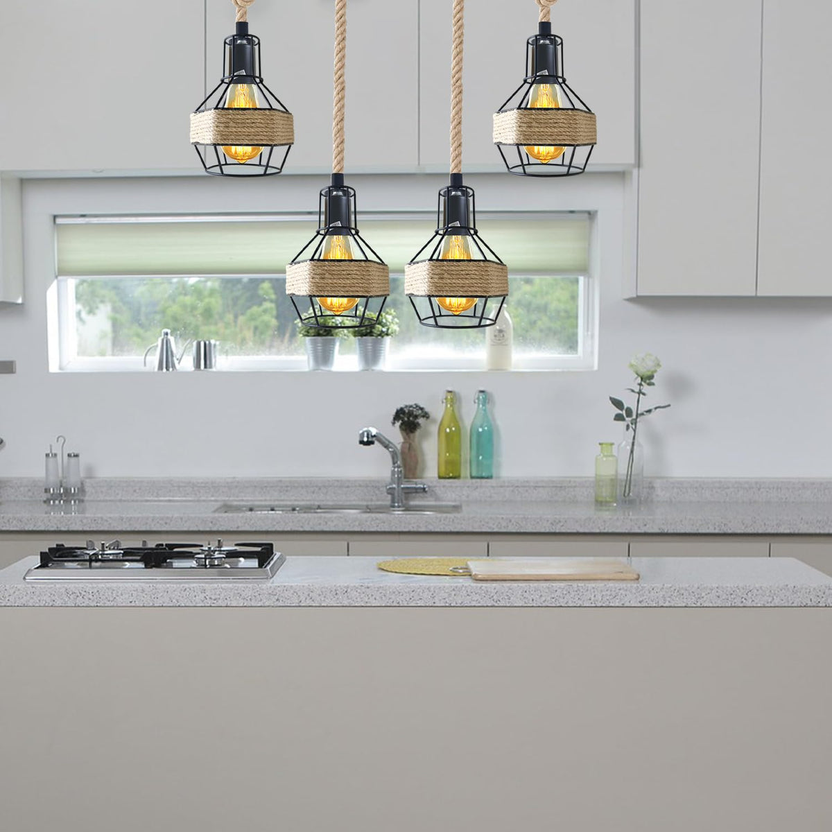Industrial Hemp Rope Pendant Light - Black Cage  E27 Lamp ~ 6203-2