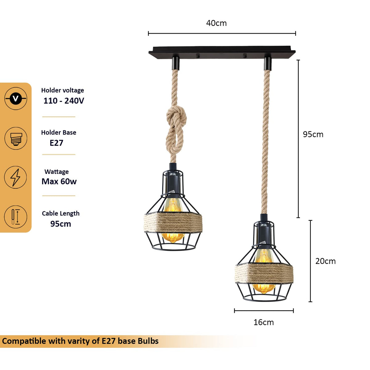 Industrial Hemp Rope Pendant Light - Black Cage  E27 Lamp ~ 6203-4