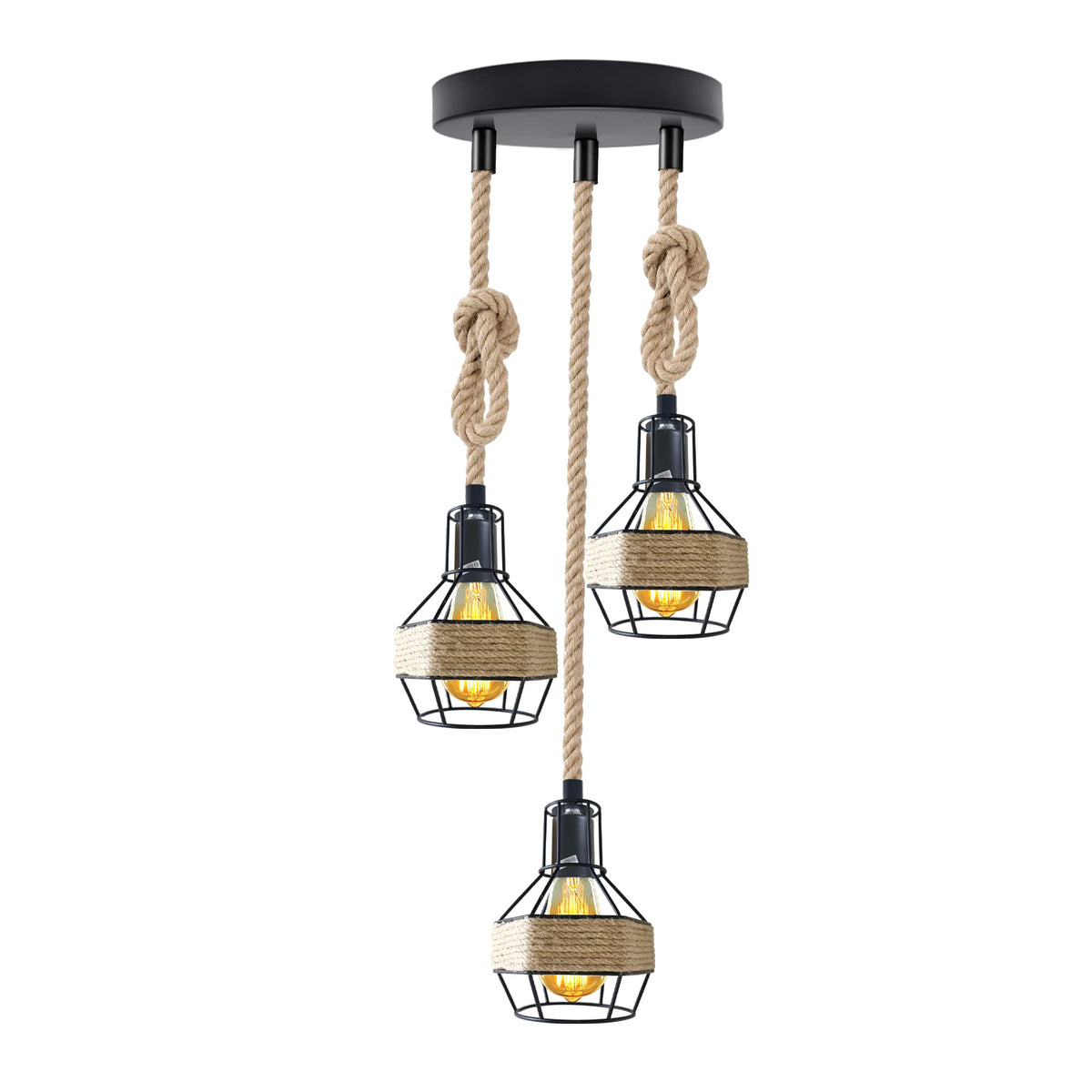Industrial Hemp Rope Pendant Light - Black Cage  E27 Lamp ~ 6203-5