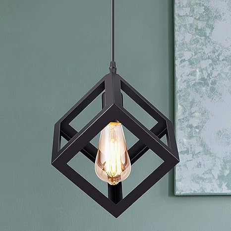 Modern Black Square Cage Pendant Light – Industrial Iron Metal Frame~1987-0