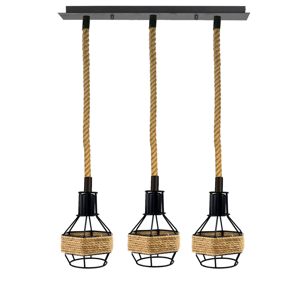Industrial Hemp Rope Pendant Light - Black Cage  E27 Lamp ~ 6203-7