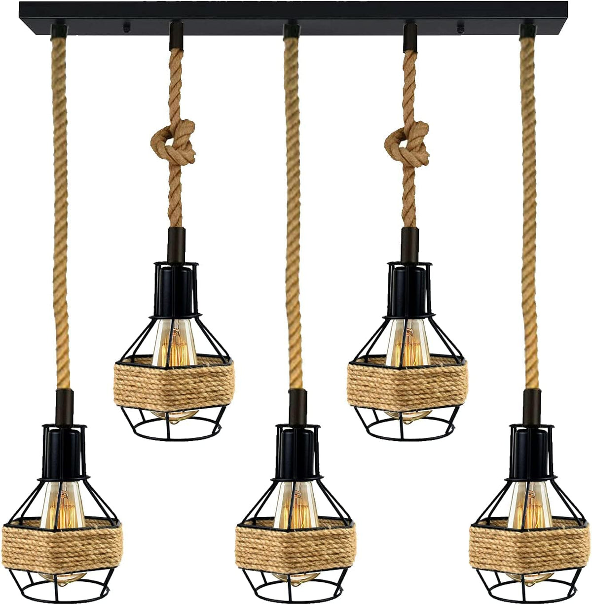 Industrial Hemp Rope Pendant Light - Black Cage  E27 Lamp ~ 6203-10