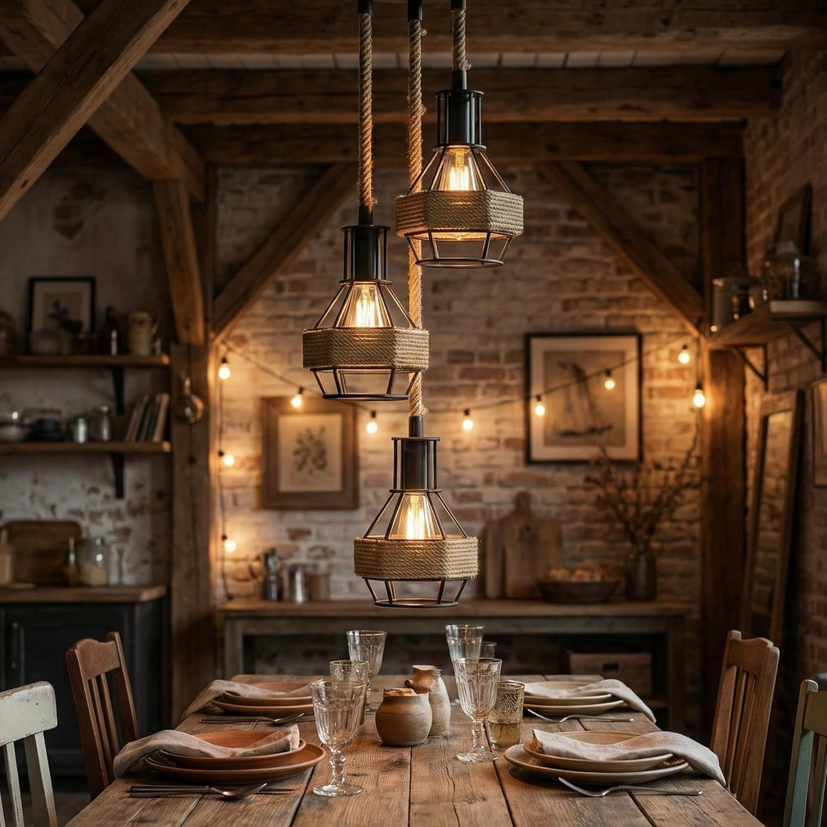 Industrial Hemp Rope Pendant Light - Black Cage  E27 Lamp ~ 6203-1