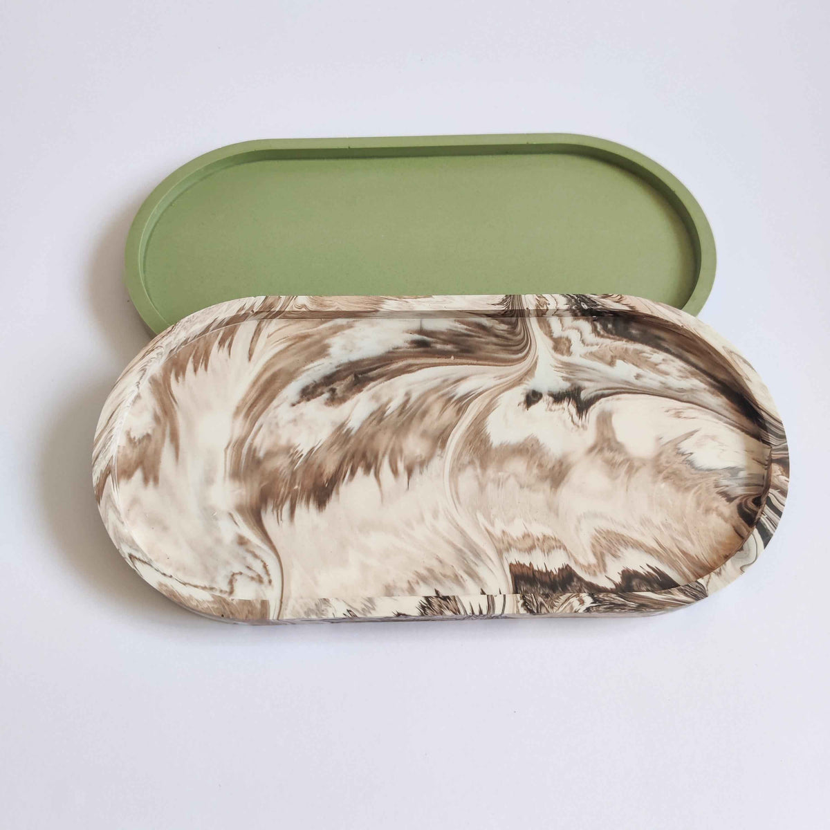 Medium size oval tray, marble design/sage green-1