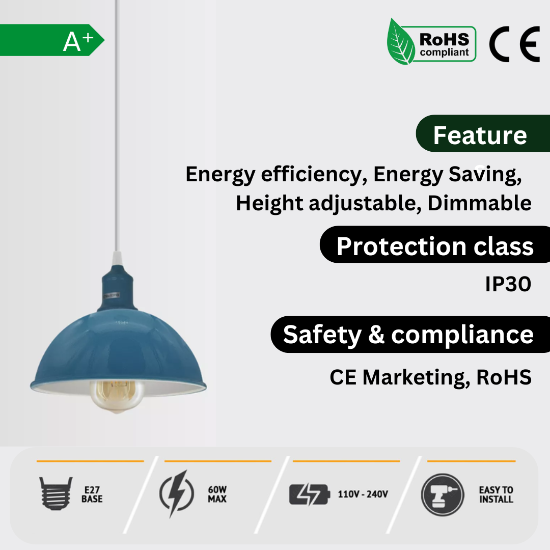 2Pack E27 Dome Cyan Blue Metal Pendant Light 21cm ~4298-2