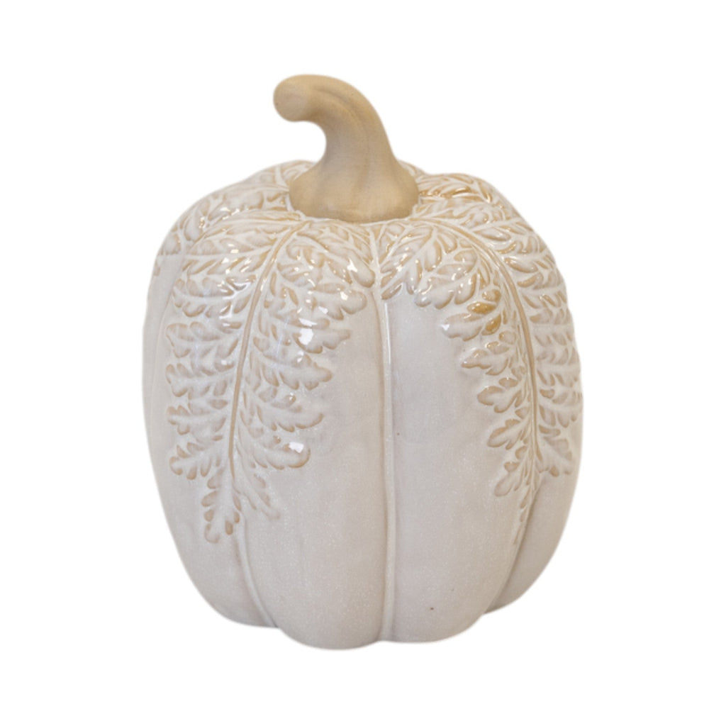 Large Natural Glazed Taller Pumpkin with Oversized Leaves-0