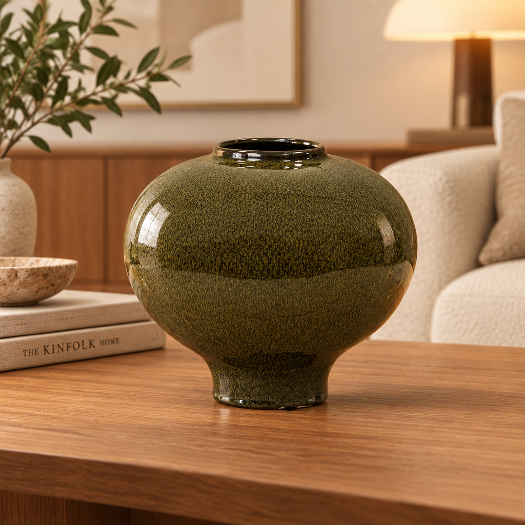 Green Ceramic Round Vase-0
