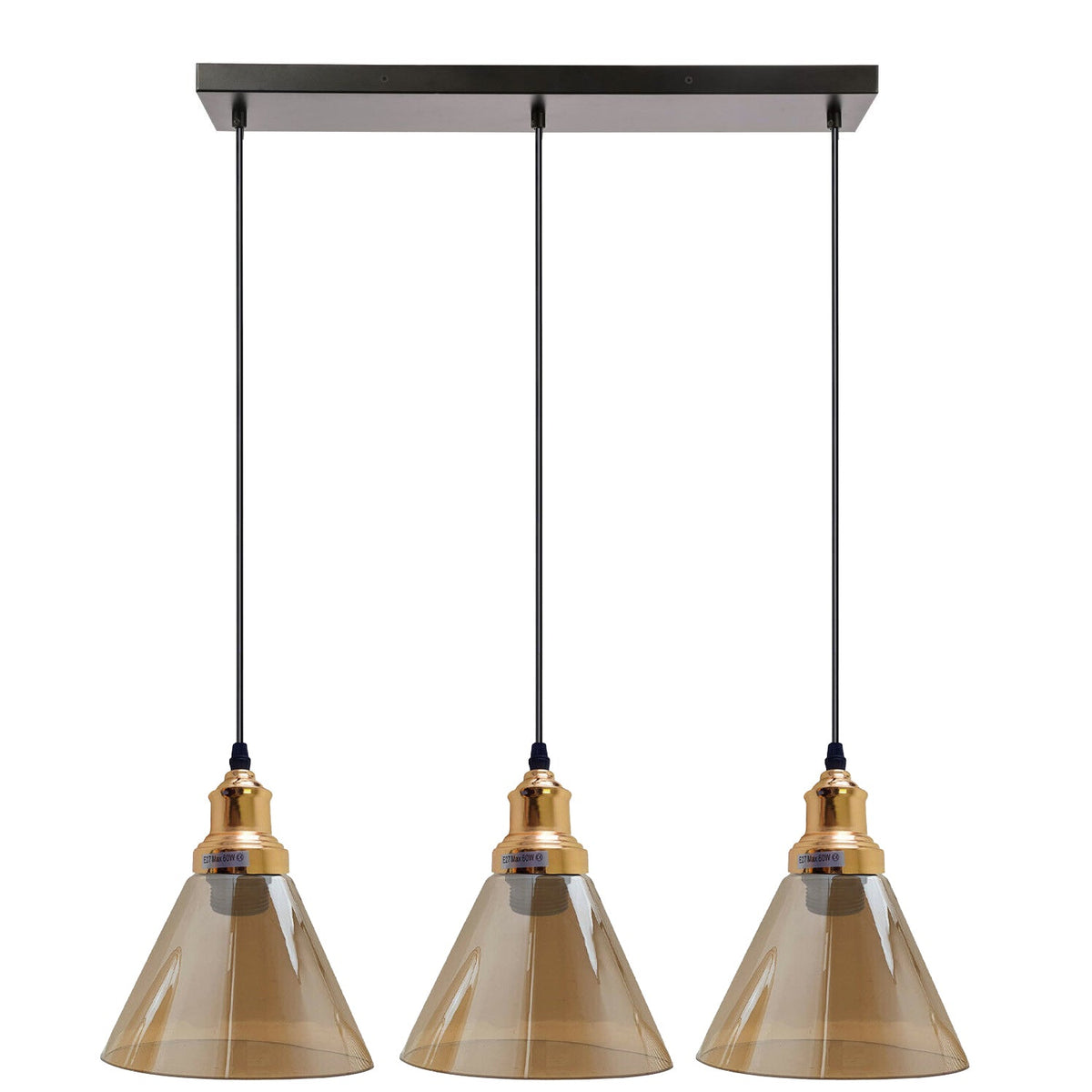Industrial 3-Light Glass Pendant Triple E27 Amber Bell Cone Fitting home lighting-11