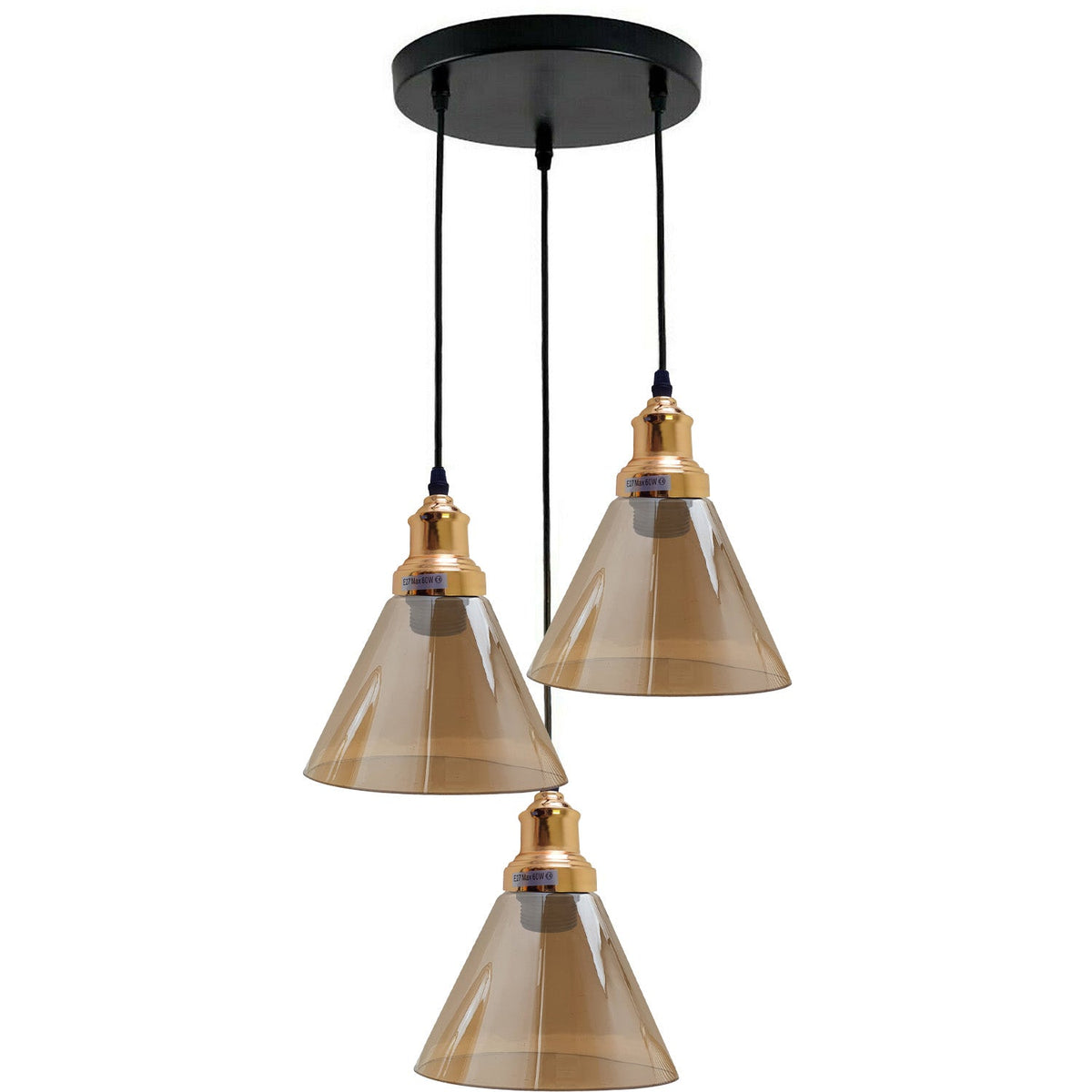 Industrial 3-Light Glass Pendant Triple E27 Amber Bell Cone Fitting home lighting-4