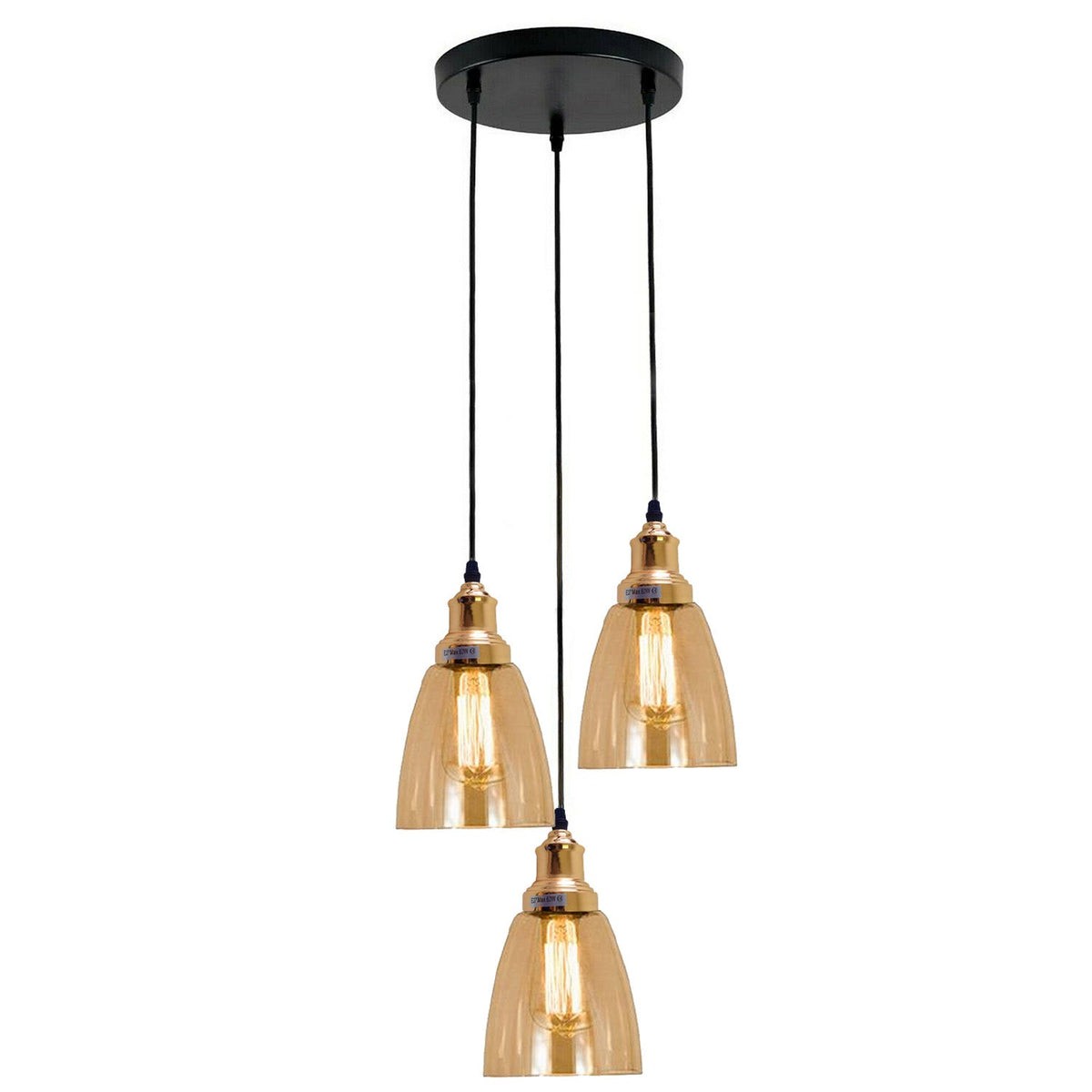 Industrial 3-Light Glass Pendant Triple E27 Amber Bell Cone Fitting home lighting-7