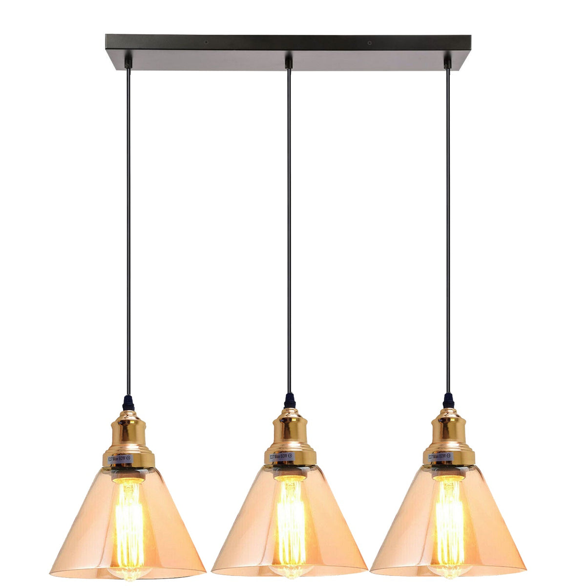 Industrial 3-Light Glass Pendant Triple E27 Amber Bell Cone Fitting home lighting-10