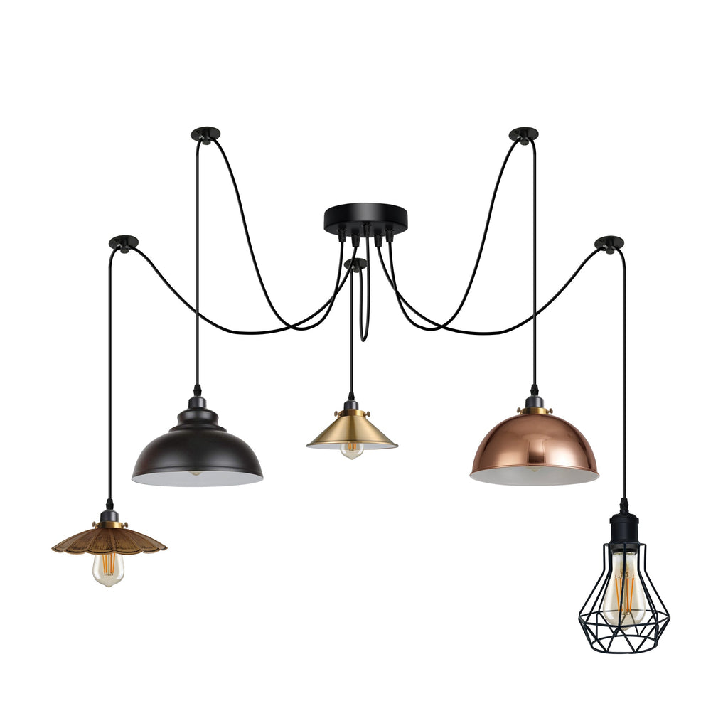 Multiple Arm Pendant Spider Light 5 Bulbs Edison Chandelier ~4463-2