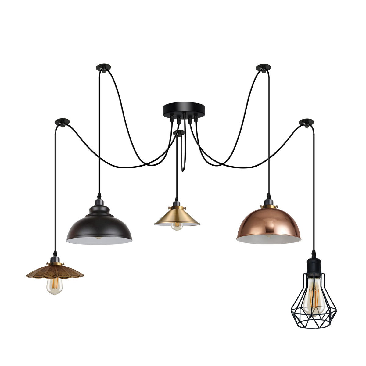 Multiple Arm Pendant Spider Light 5 Bulbs Edison Chandelier ~4463-2