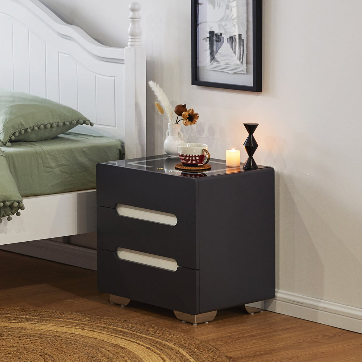 Erinn LED Light Bedside Table [2/3 Drawers][Charging Station][Nightstand]-3