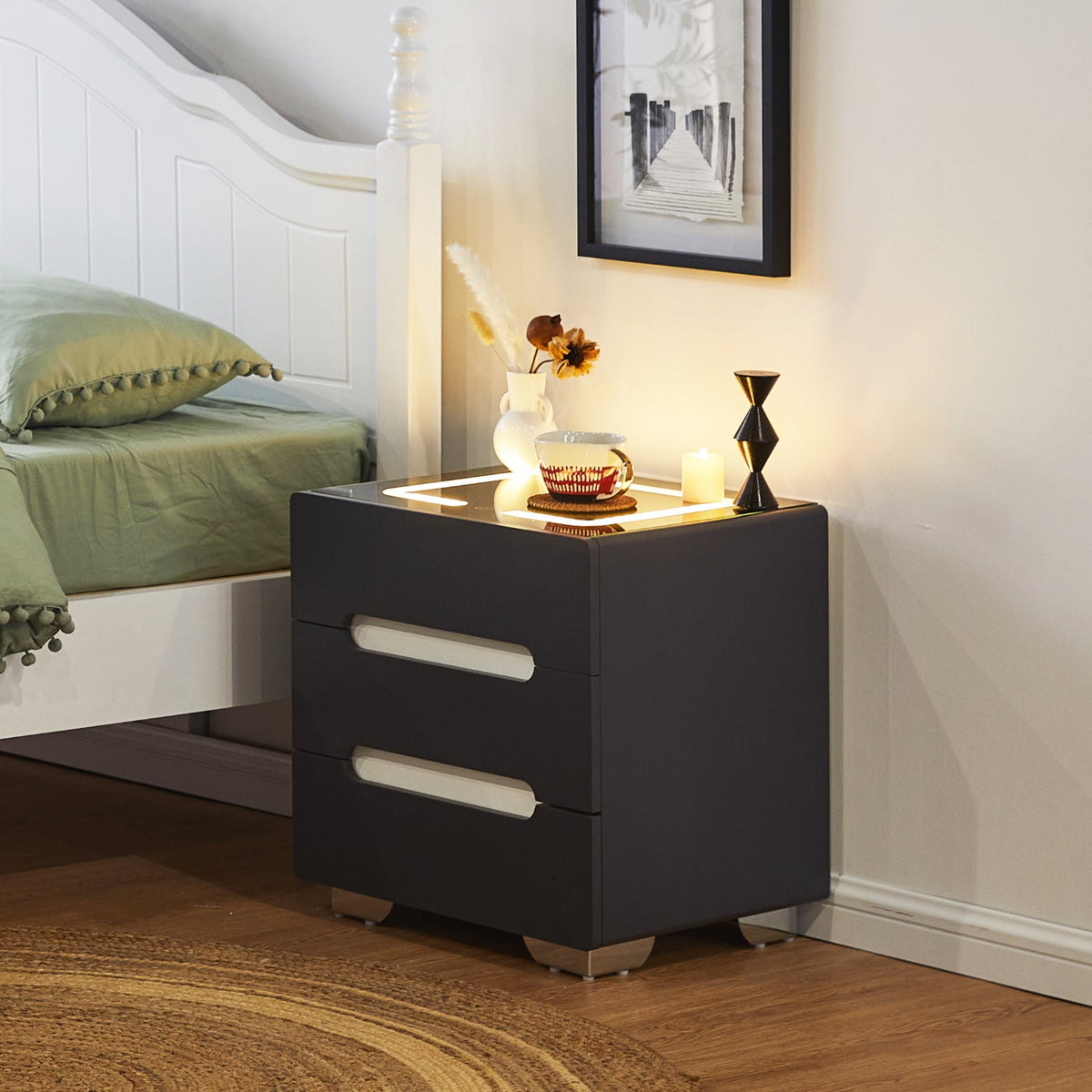 Erinn LED Light Bedside Table [2/3 Drawers][Charging Station][Nightstand]-2