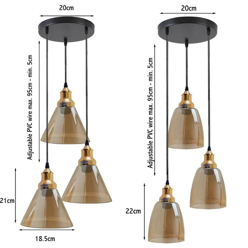 Industrial 3-Light Glass Pendant Triple E27 Amber Bell Cone Fitting home lighting-3