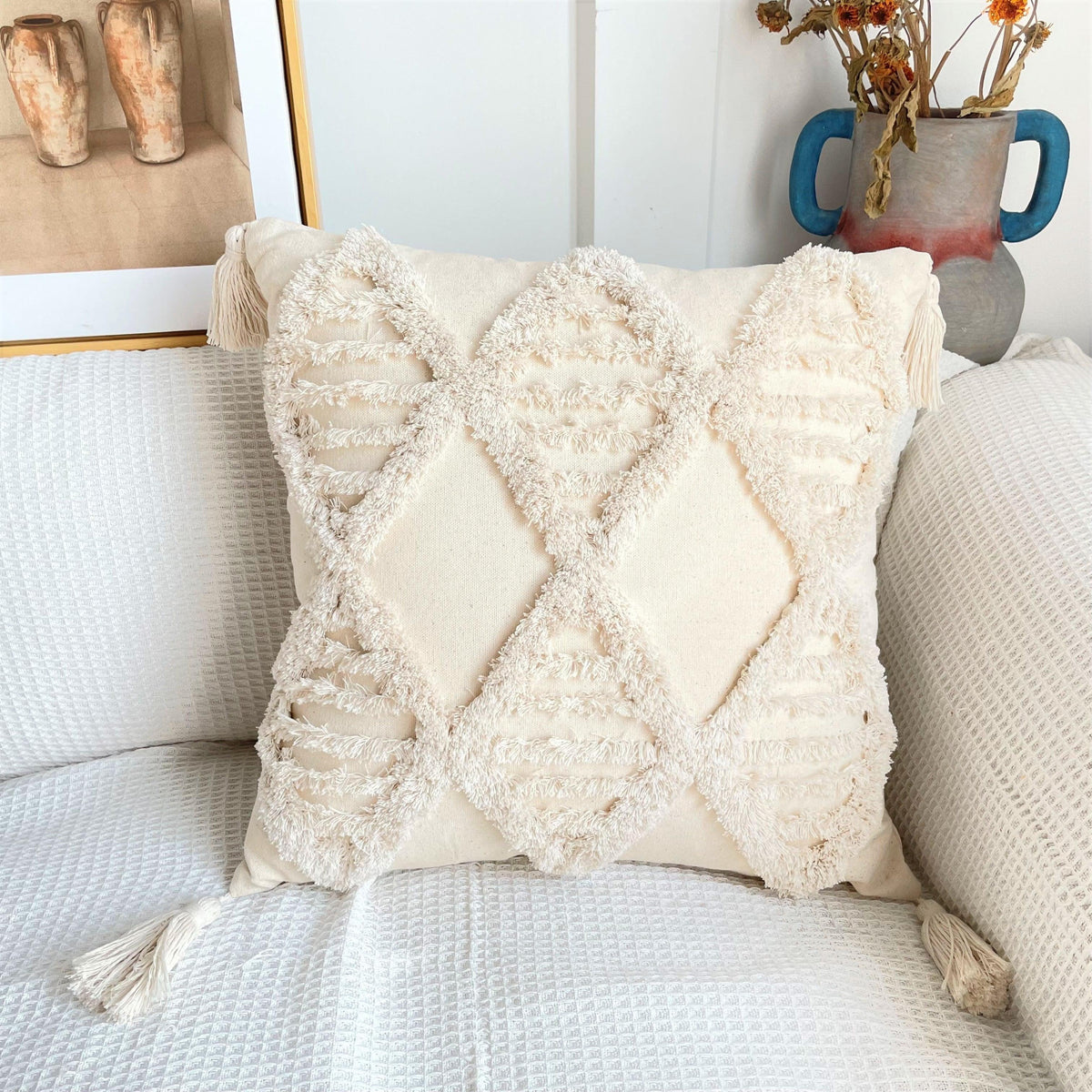 Boho Cotton Cushion Cover with Tassels Tufted Design - 45x45cm Home Decoration