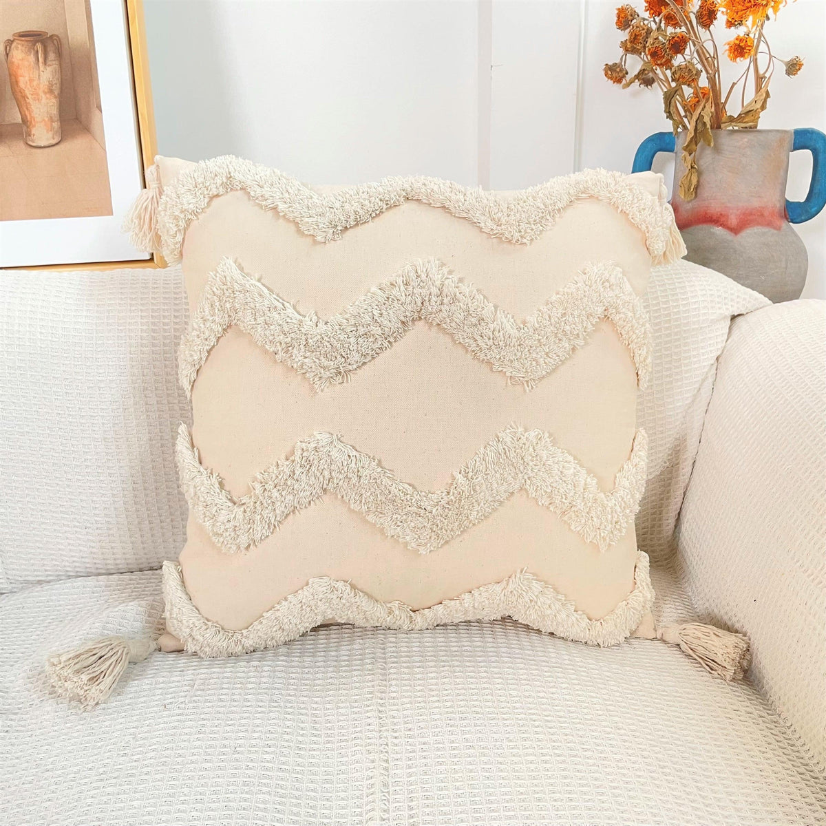 Boho Cotton Cushion Cover with Tassels Tufted Design - 45x45cm Home Decoration