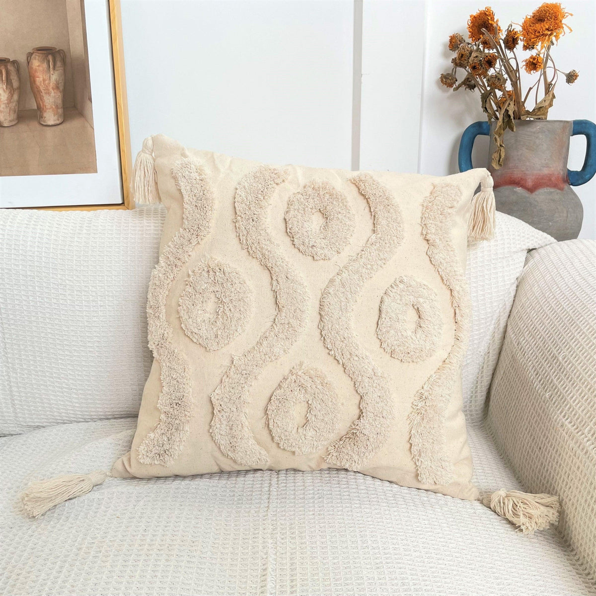 Boho Cotton Cushion Cover with Tassels Tufted Design - 45x45cm Home Decoration