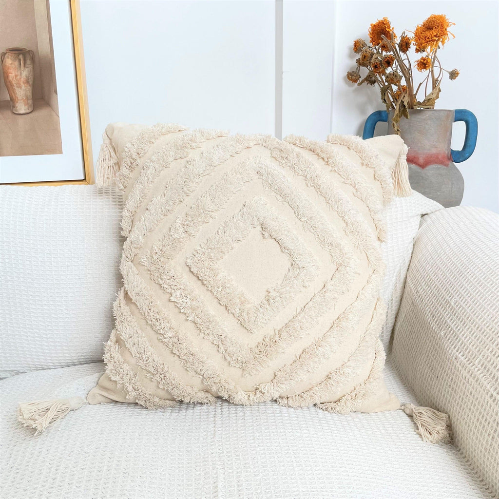Boho Cotton Cushion Cover with Tassels Tufted Design - 45x45cm Home Decoration