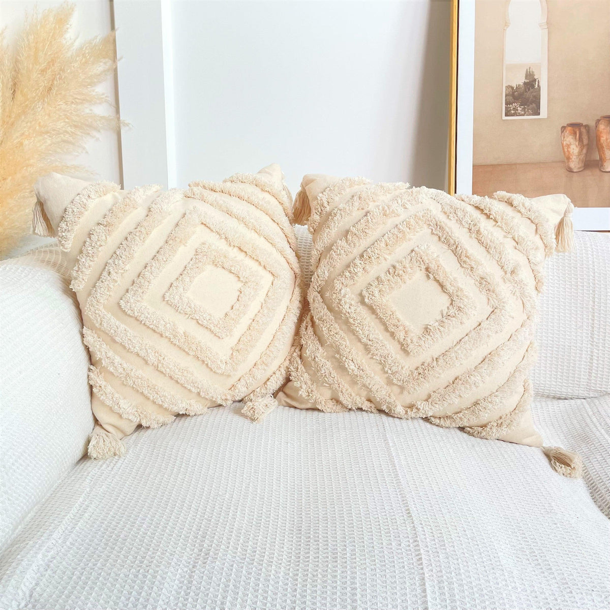 Boho Cotton Cushion Cover with Tassels Tufted Design - 45x45cm Home Decoration