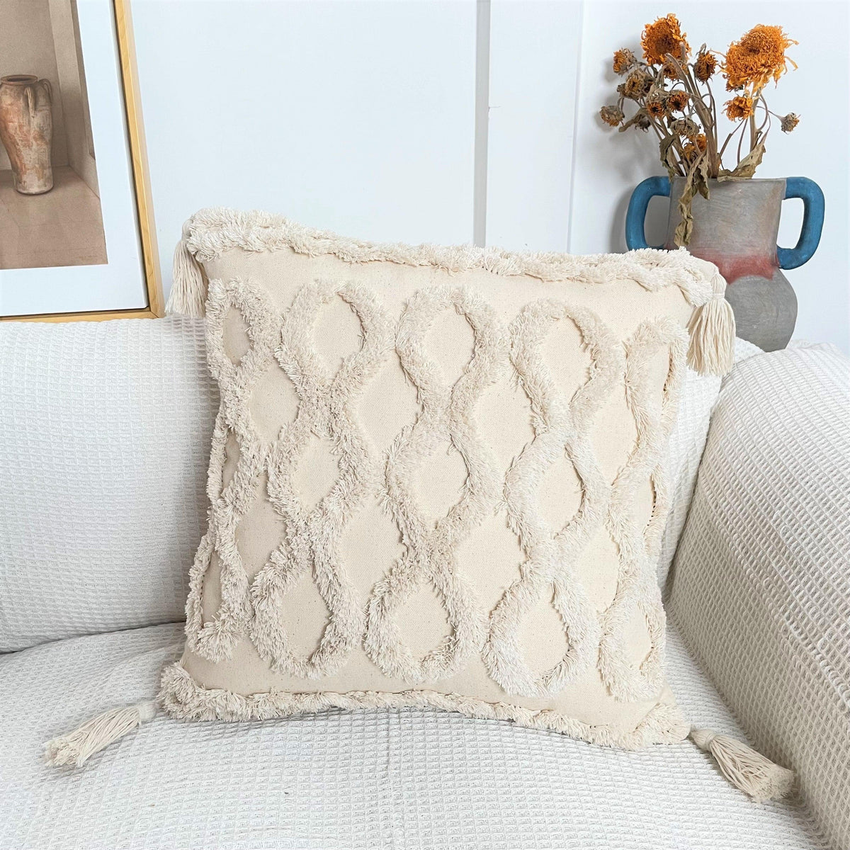 Boho Cotton Cushion Cover with Tassels Tufted Design - 45x45cm Home Decoration