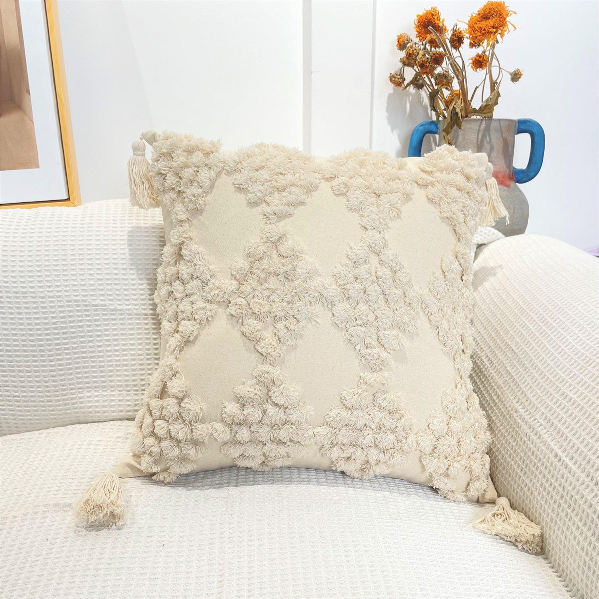 Boho Cotton Cushion Cover with Tassels Tufted Design - 45x45cm Home Decoration