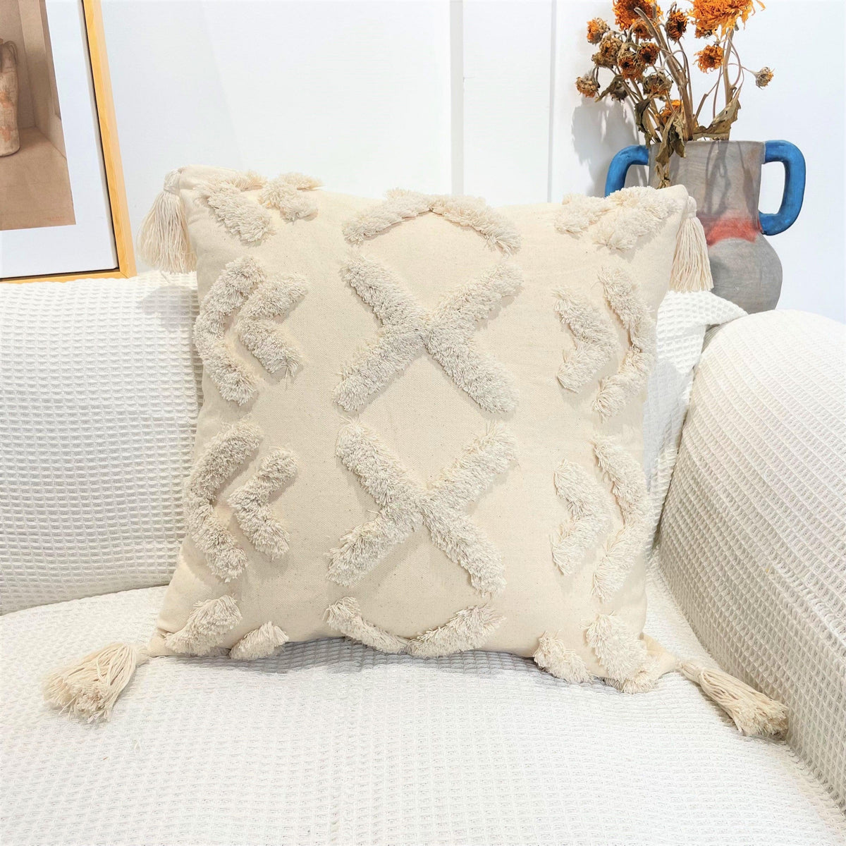 Boho Cotton Cushion Cover with Tassels Tufted Design - 45x45cm Home Decoration