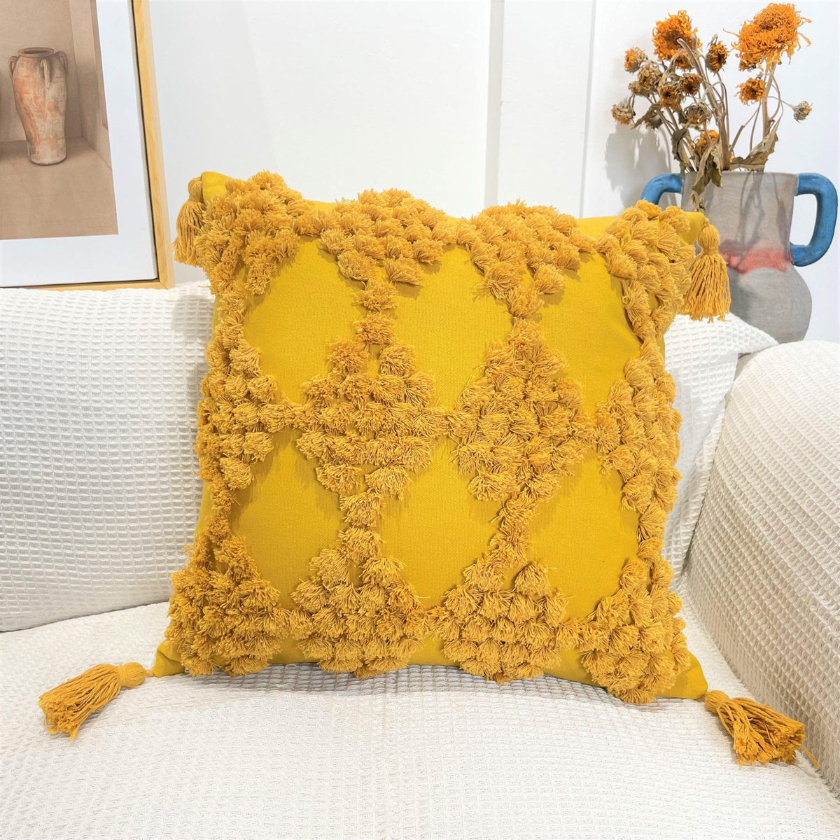 Boho Cotton Cushion Cover with Tassels Tufted Design - 45x45cm Home Decoration