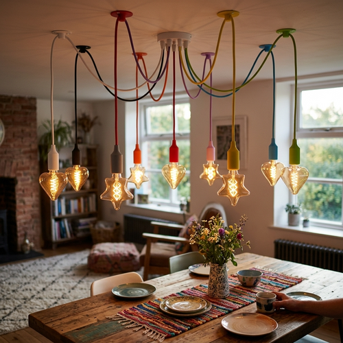 9-Head Spider Pendant Light – Multi-Colour Swag Hook Plug-In Lighting ~4667-0