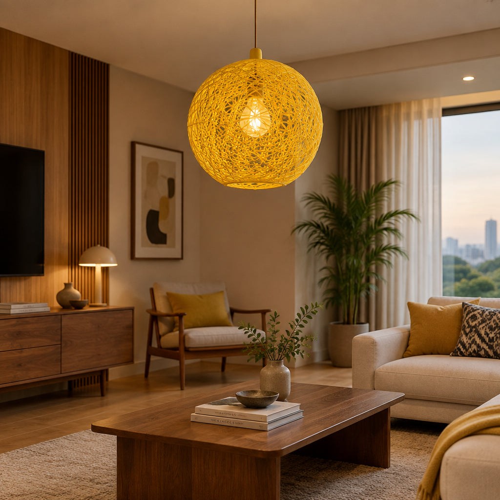 Yellow Modern Lattice Wicker Rattan Globe Ball Style Ceiling Pendant Light Lampshade~1813-0
