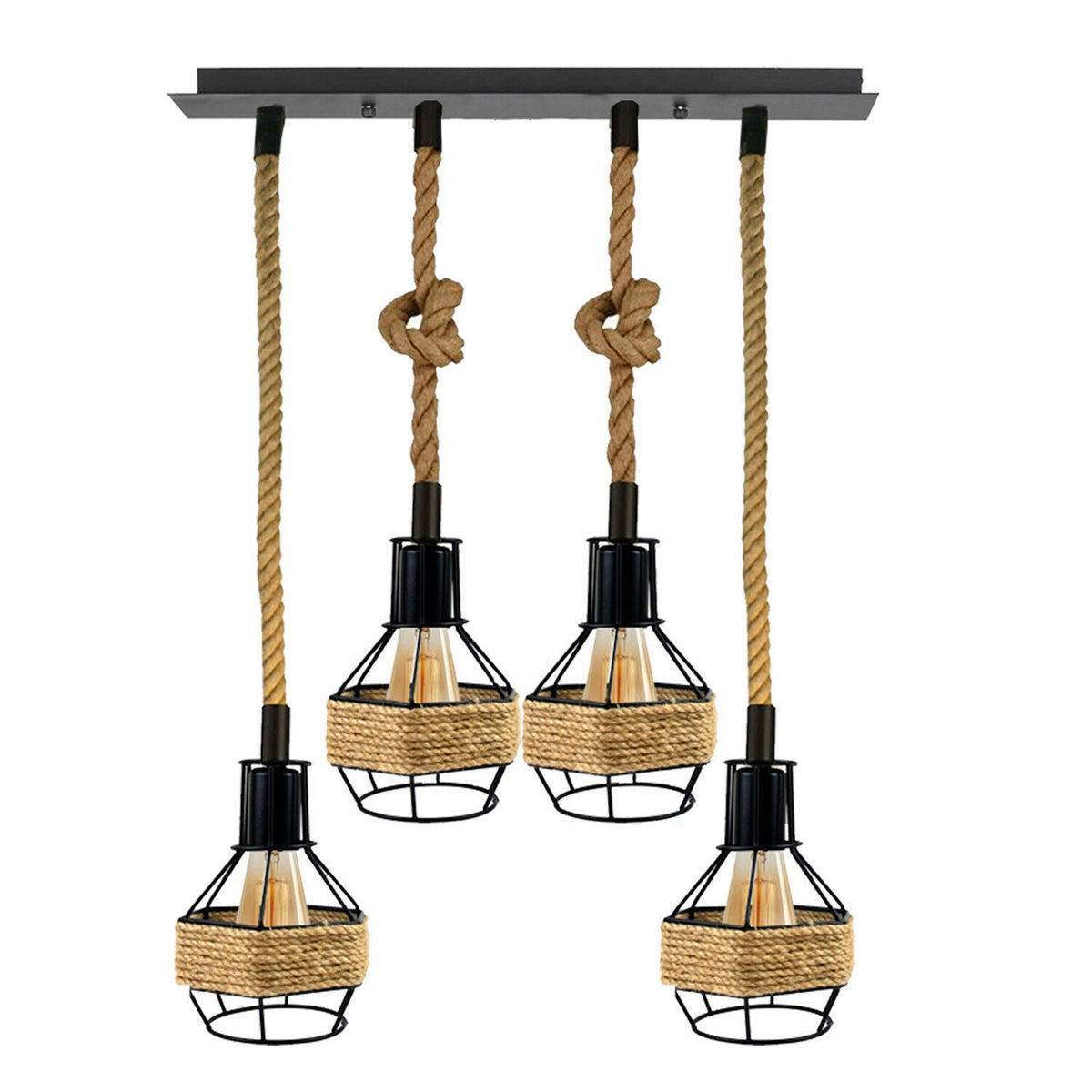 Vintage Industrial E27 4 Heads Hemp Rope Pendant Ceiling Light Retro Decor~2229-1
