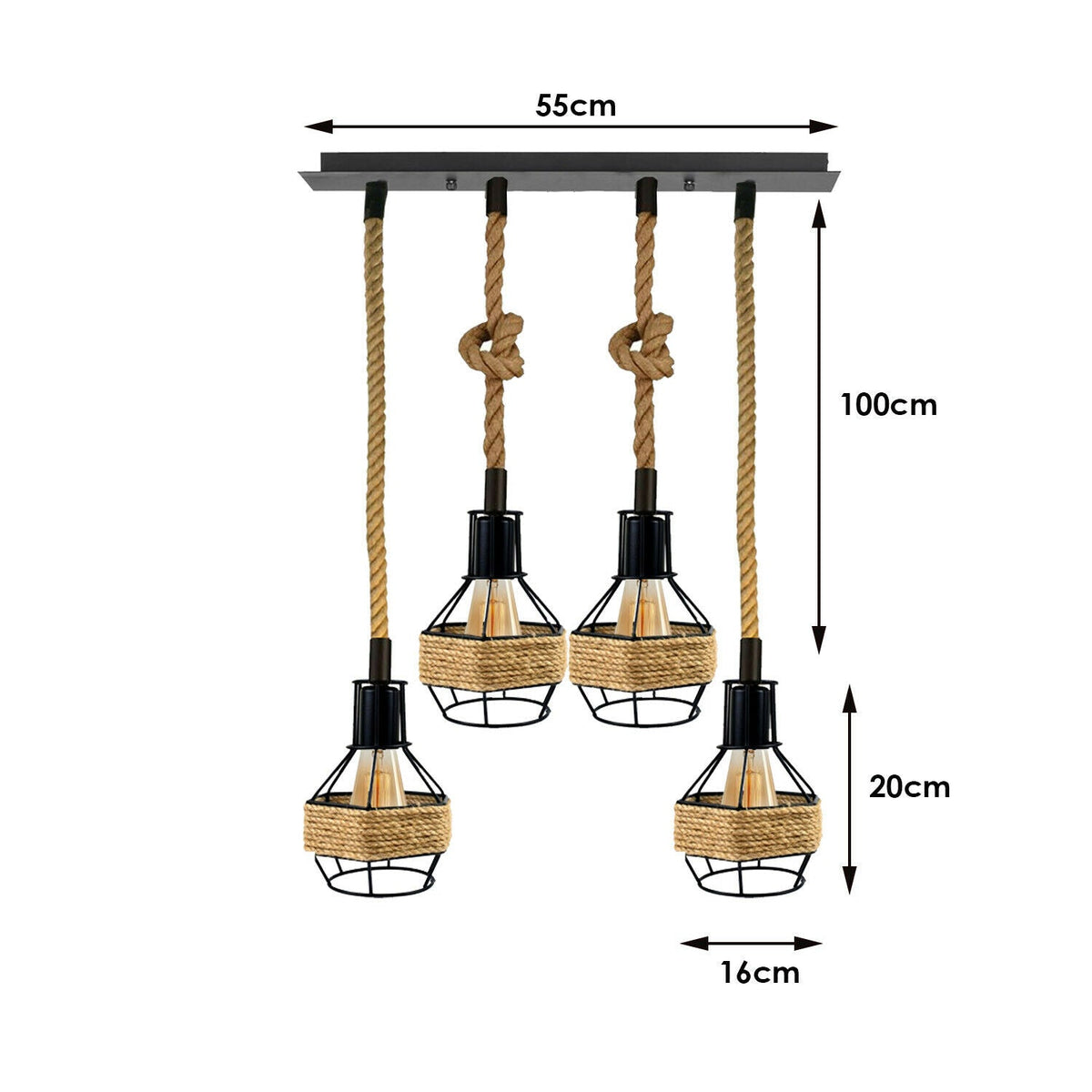 Vintage Industrial E27 4 Heads Hemp Rope Pendant Ceiling Light Retro Decor~2229-2